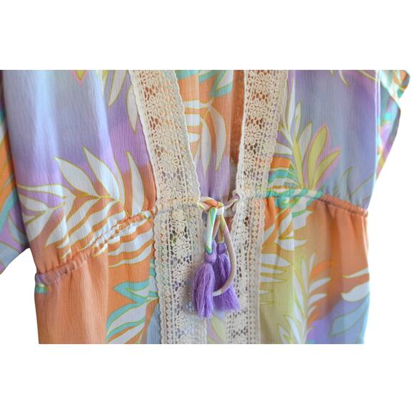 Miken Swim Women's Tie Waist Crochet Floral Print Coverup in Multi - Picture 4 of 5